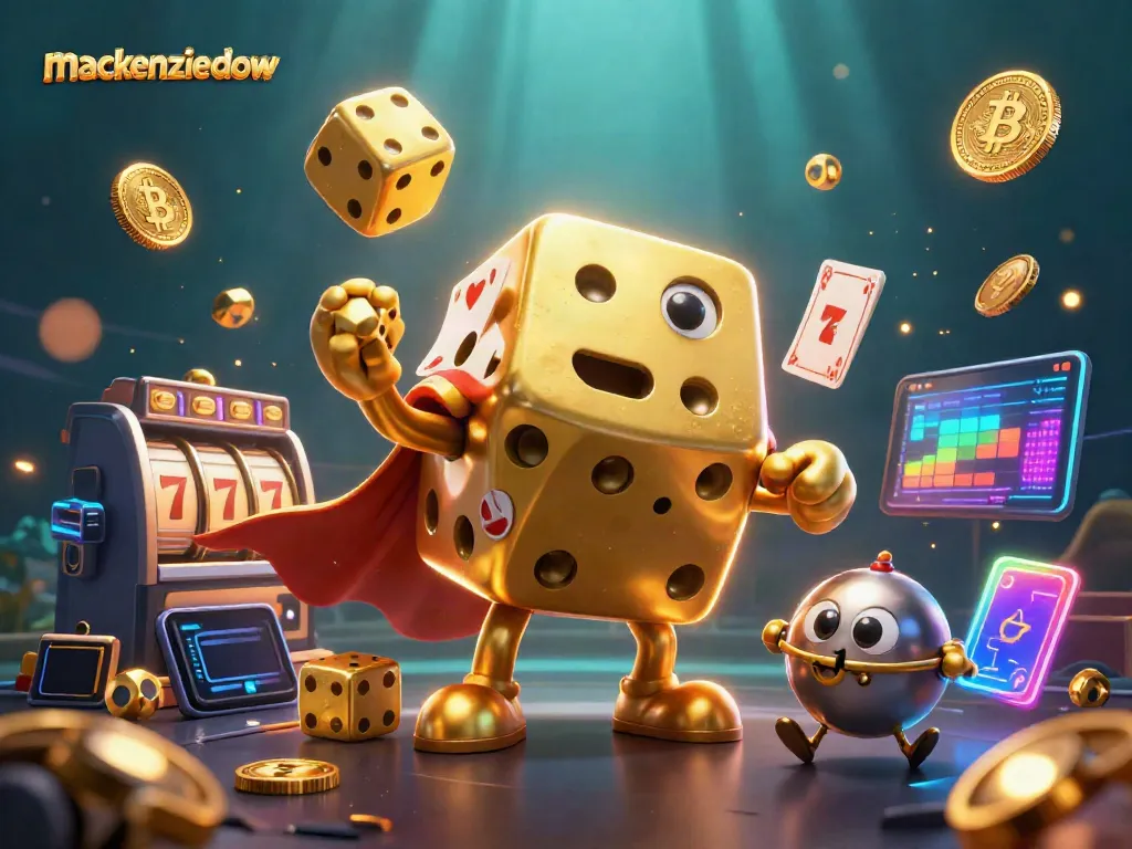 Spin to win with mackenziedow's vivid casino illustration featuring whimsical golden characters and slot elements.