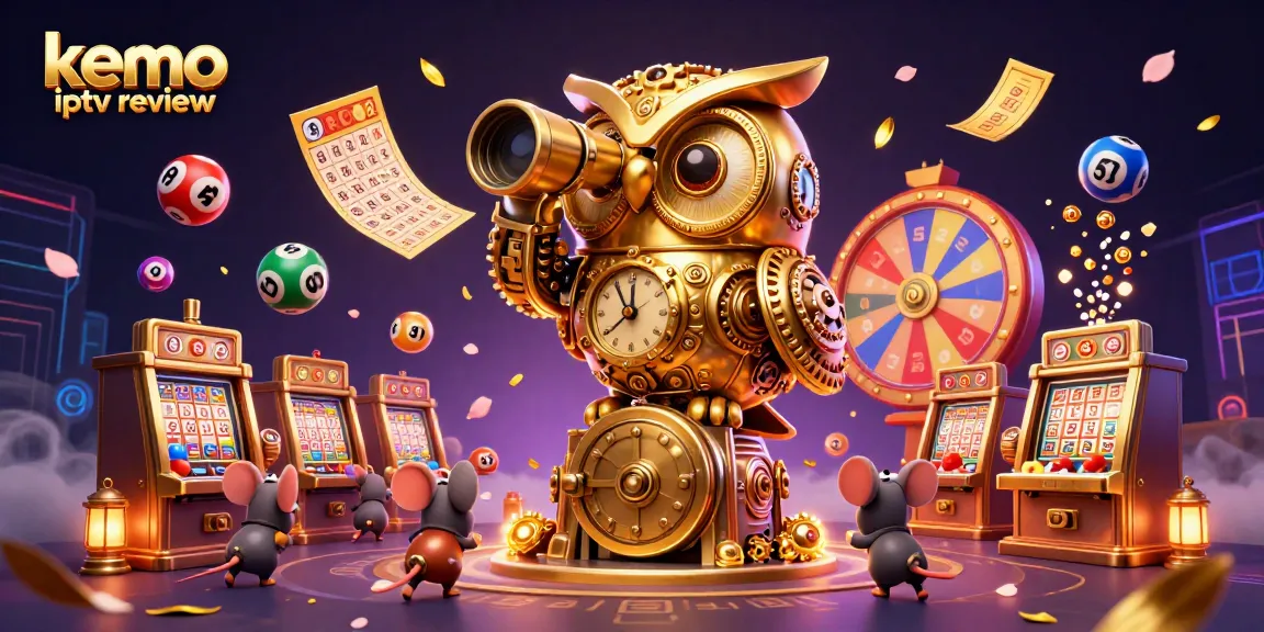 Kemo IPTV review showcases a vibrant casino scene with an owl, mouse patrons, and dynamic lottery elements.