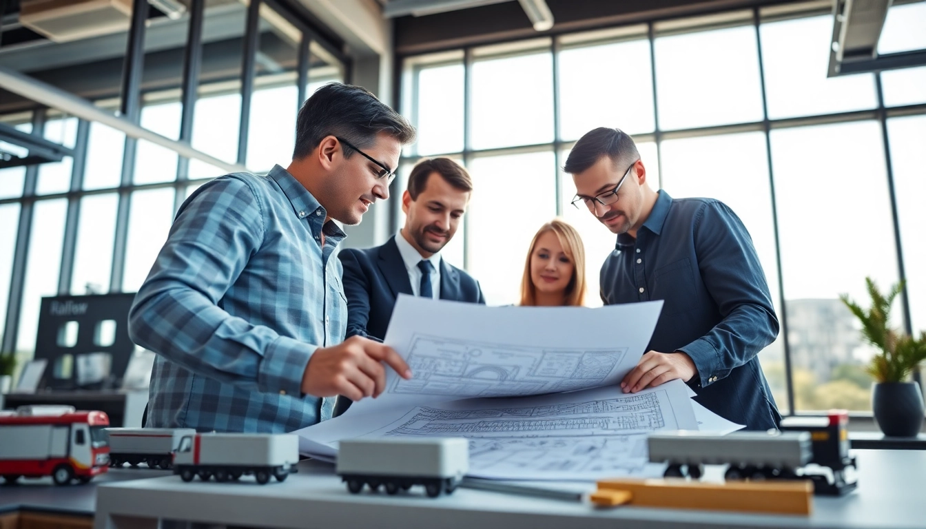 Railroad design consultants working together on project blueprints in a modern office.