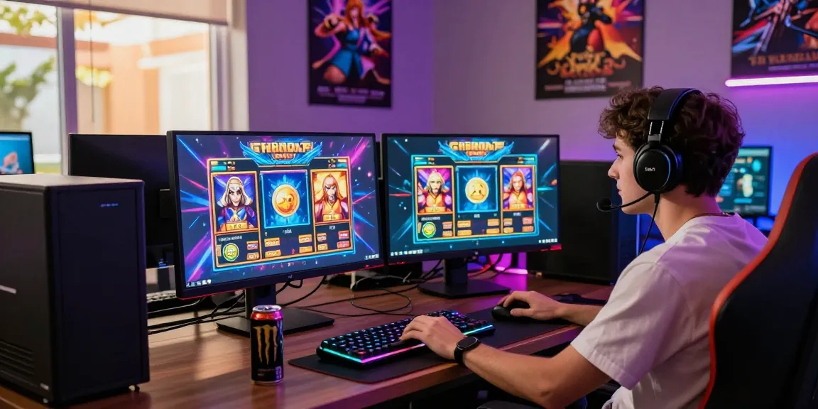 Player enjoying situs 888 gaming experience at modern desk with colorful slot game displays and vibrant ambient lighting.