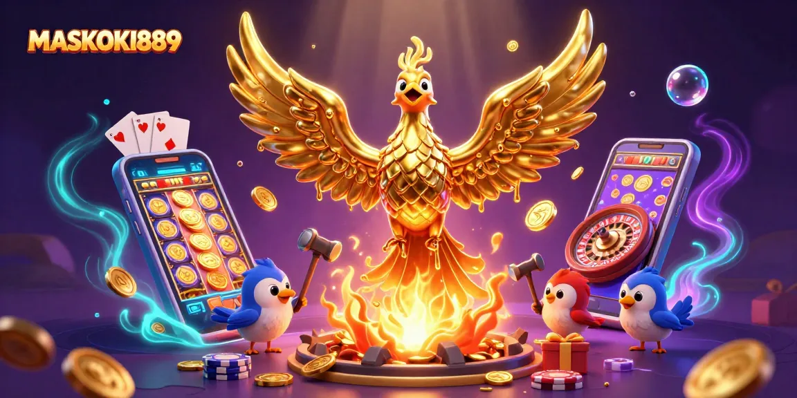 Experience thrilling slot action with MASKOKI889, featuring a dynamic phoenix and casino elements.