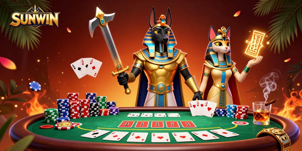 Experience the excitement of SUNWIN poker with Anubis and Bastet among vibrant chips and cards.