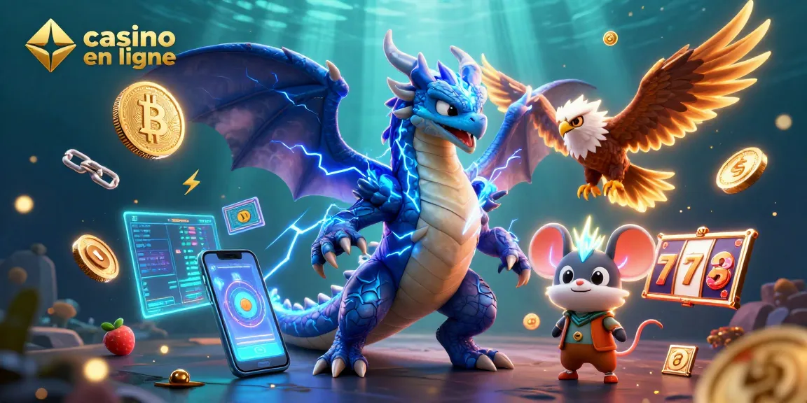 Illustration de casino en ligne avec un dragon, un faucon et des éléments de jeu comme des machines à sous.