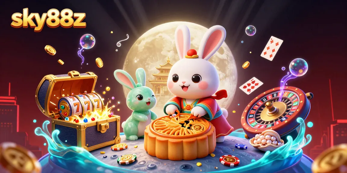 Engage with sky88z casino delights, featuring a mystical moon rabbit revealing poker chips.