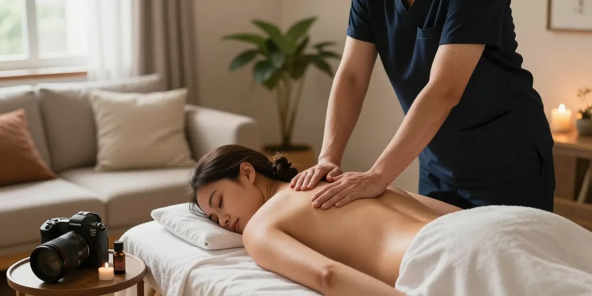 안양출장마사지 service with a professional therapist giving a calming back massage in a serene home setting.