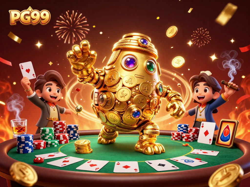 Engage with PG99's vibrant casino adventure featuring a playful golden golem amidst a thrilling poker scene.