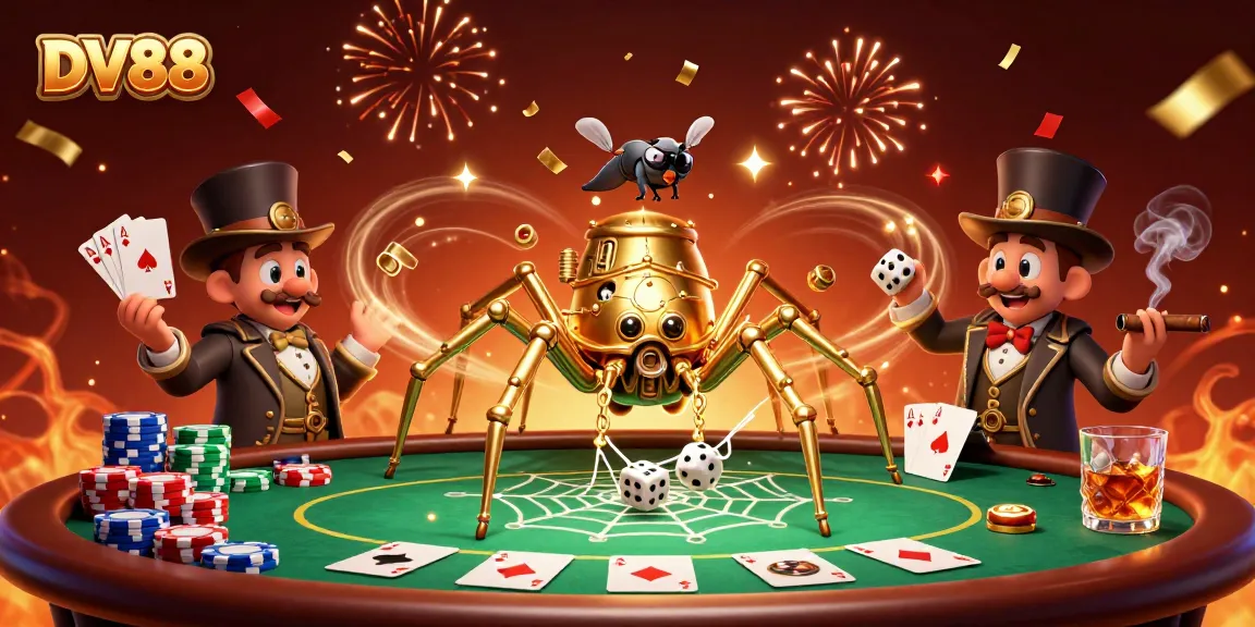 Engage with DV88's thrilling gaming experience as a steampunk spider weaves a web of fortune.