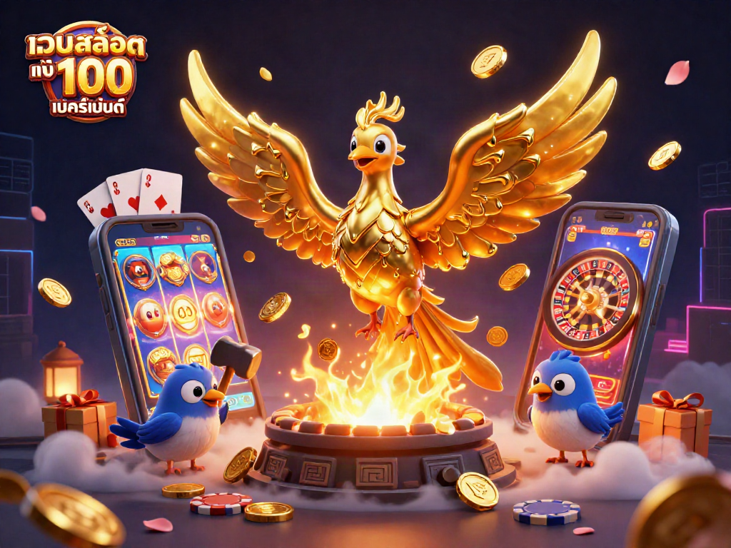 Experience เว็บสล็อต แท้ 100 เปอร์เซ็นต์ featuring a golden phoenix bringing excitement and wealth in vibrant casino illustration.