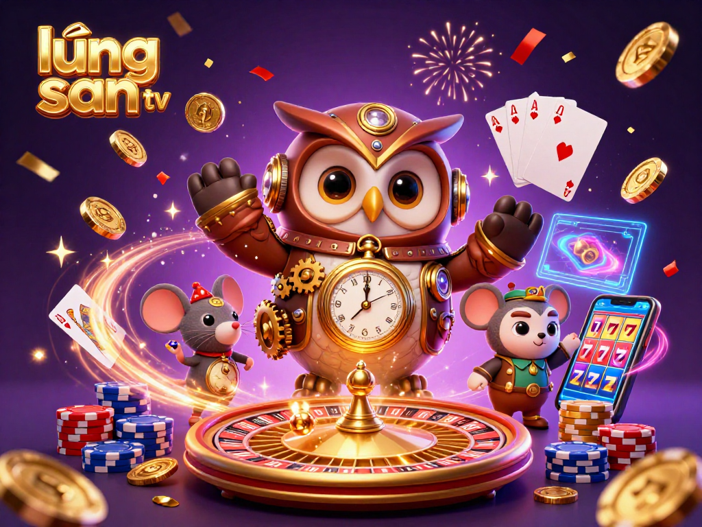 Lương sơn tv showcases a vibrant and dynamic steampunk-themed online casino world with an owl and mouse, celebrating with casino elements.