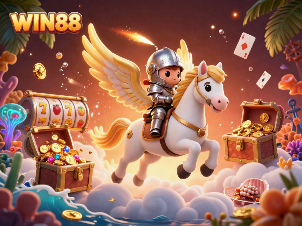 Experience the vibrant world of WIN88 with celestial knights and luxurious slot games as you spin for gold!