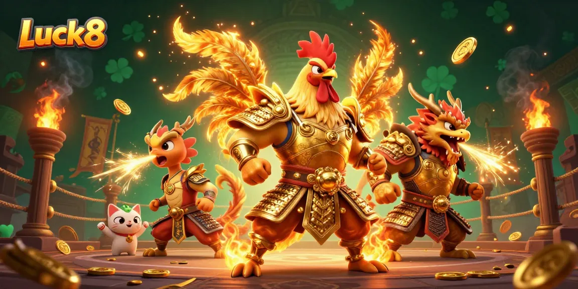 Luck8 energizes players with a fighting rooster warrior and golden dragon at a lively casino arena.