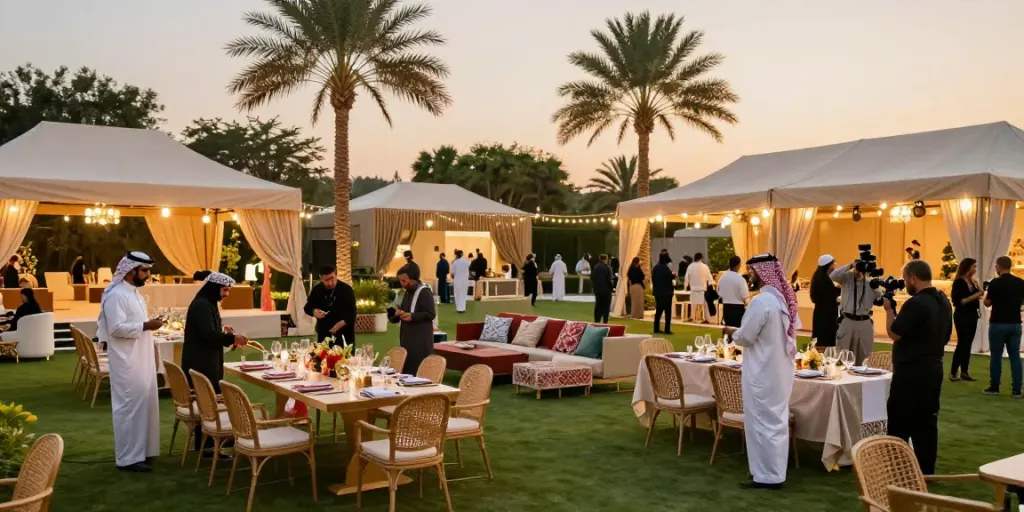 Elegant outdoor event rentals setup in Saudi Arabia with tables, décor, and lighting.