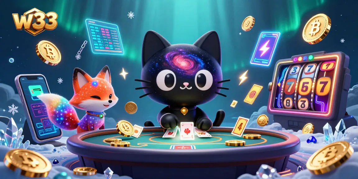 Experience thrilling w33 pokies gameplay at a cosmic casino table with unique characters and crypto elements