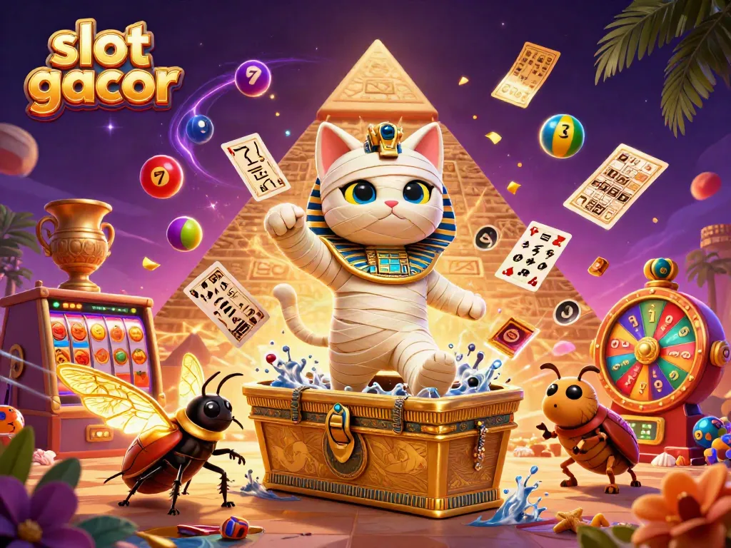 Gambar slot gacor menampilkan kucing mumia menari keluar di kasino pangsa emas.