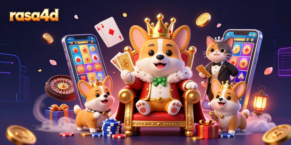 rasa4d menampilkan raja corgi di kasino dengan kartu emas dan simbol permainan yang menggoda