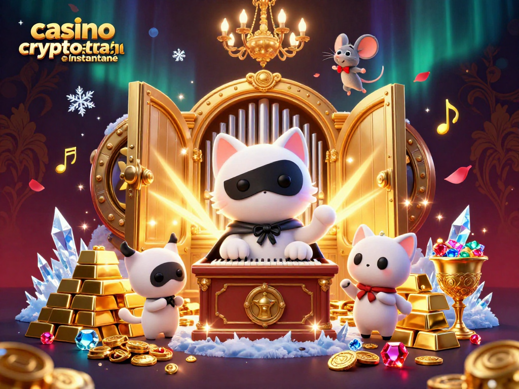Illustration dynamique de casino crypto retrait instantané mettant en scène un chat fantôme et des trésors brillants.