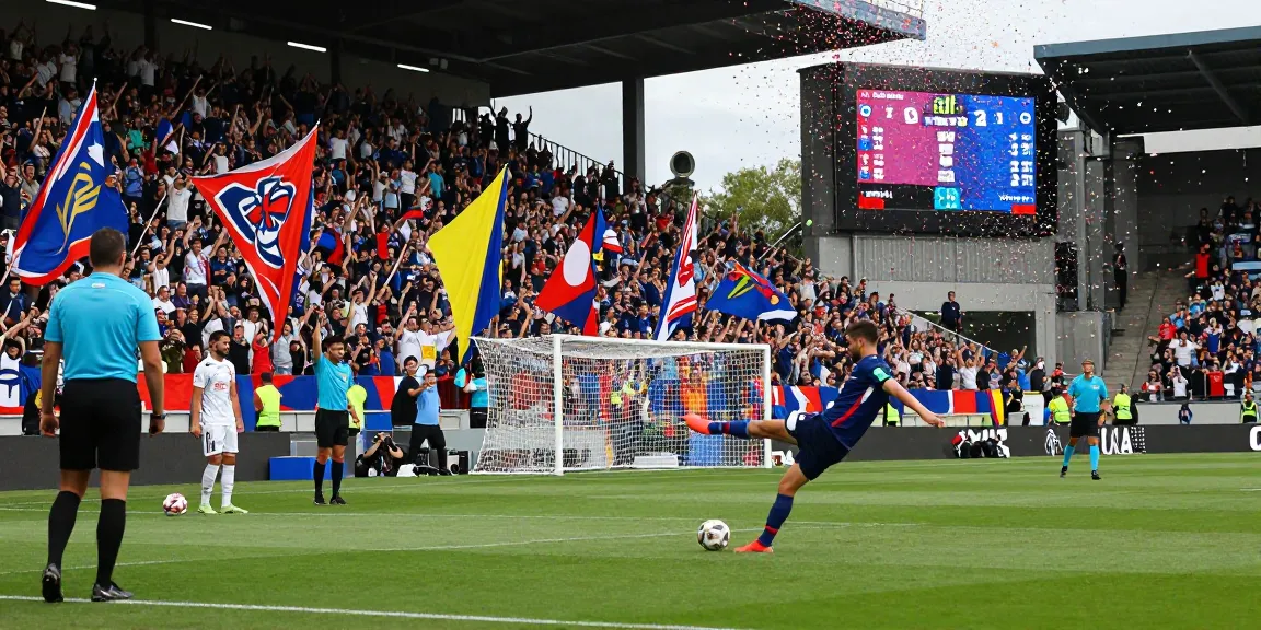 The thrilling atmosphere of a live football match showcasing 7mcn updates, with players in action and cheering fans.