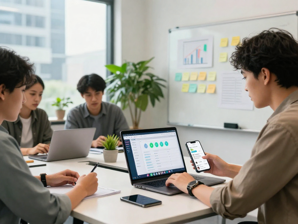Buy app install marketing strategy in a modern office with team collaboration and analytics.