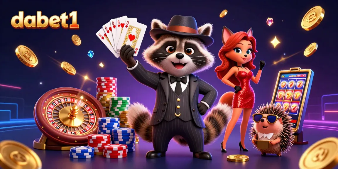 dabet1 showcases high-stakes action with a suave raccoon and a glamorous fox in a vibrant casino scene.
