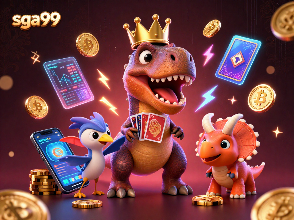 Join the thrilling action at sga99 with animated dinosaurs and crypto elements in this vibrant casino scene.