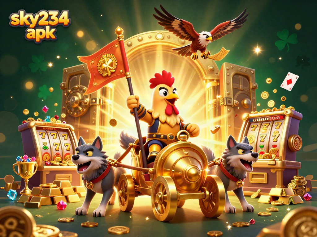 Engage with the thrilling sky234 apk experience as the rooster warlord navigates a treasure-filled casino landscape.
