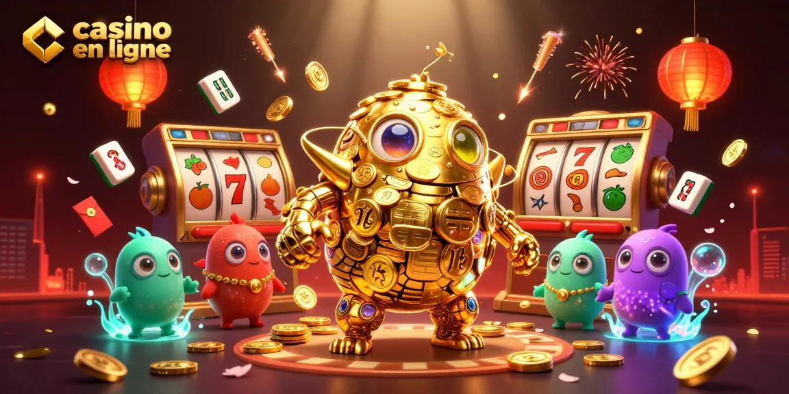 Jouer au casino en ligne avec un golem doré parmi des éléments de jeu lumineux.