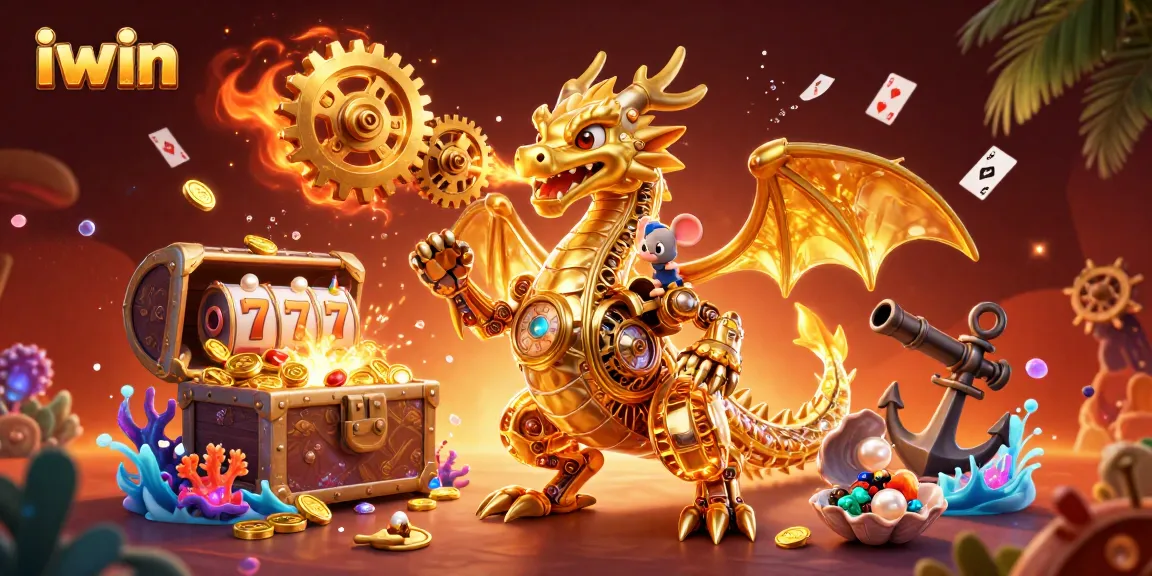 Experience iwin with golden dragon and slot reels in a vibrant 3D casino scene