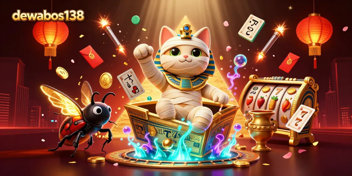 Experience the excitement of dewabos138 as the Egyptian mummy cat bursts from a golden sarcophagus, surrounded by dynamic casino elements and magic.