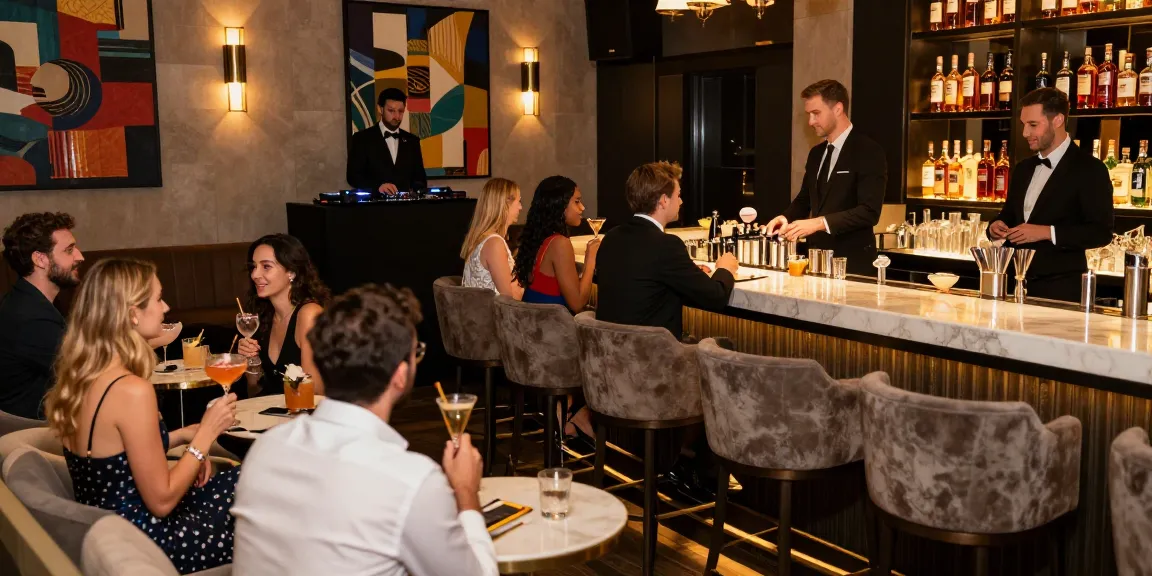 Vibrant nightlife experience at a high-end 유흥사이트 with elegant patrons enjoying premium services