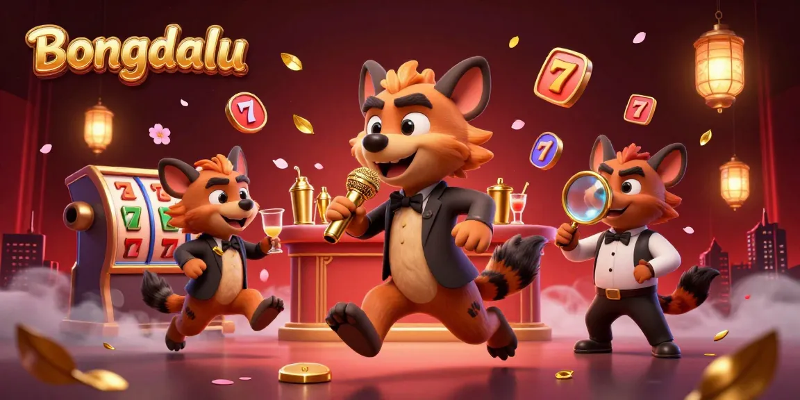 Bongdalu captivates players with a lively casino atmosphere featuring hyenas in a gaming scene full of slot reels and vibrant decor.