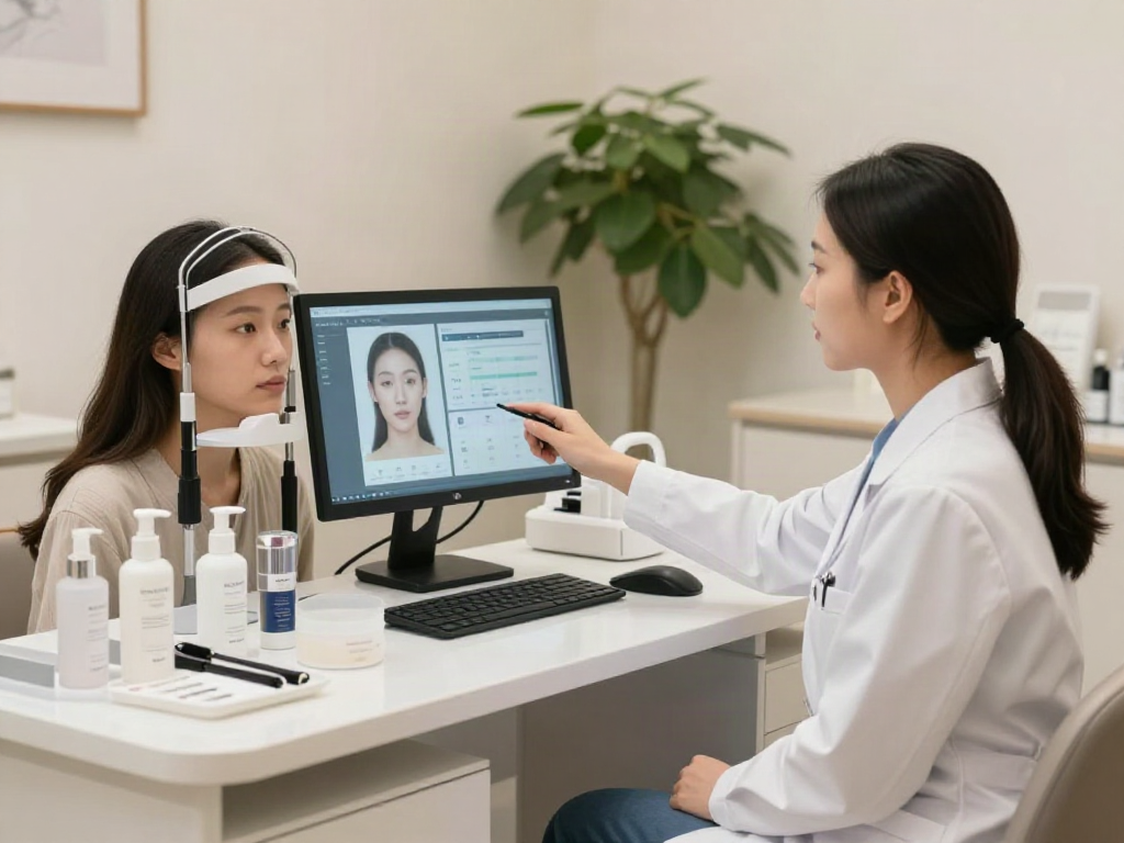 ClinicEvo vs QOVES facial analysis consultation in a modern clinic.