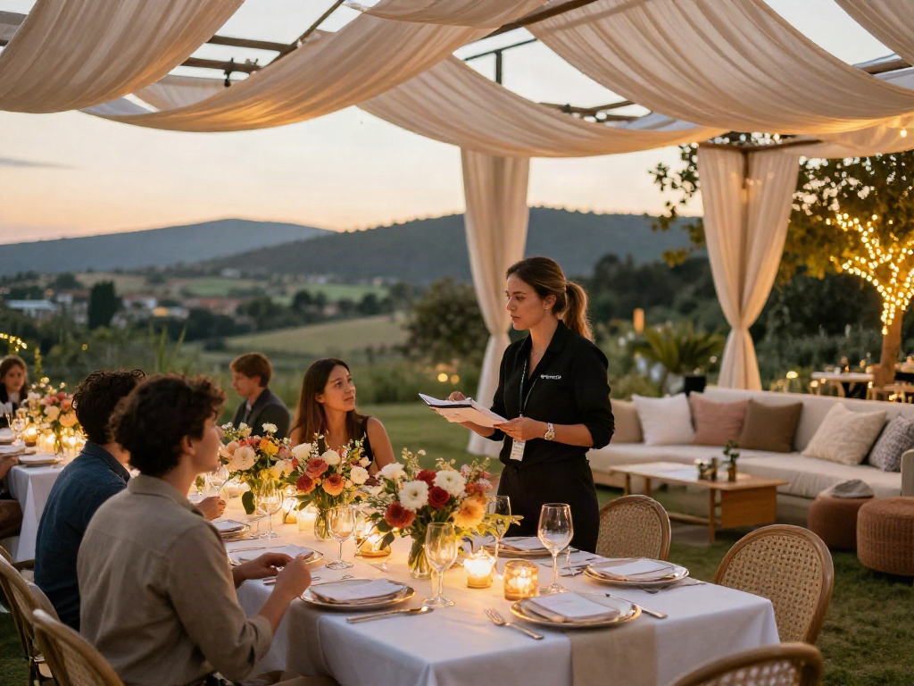 Event rentals setting with elegant table decor and a couple discussing plans.