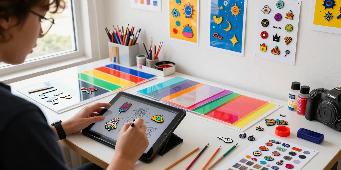 Custom acrylic pins designed in a colourful arts and crafts studio, showcasing creativity and design.