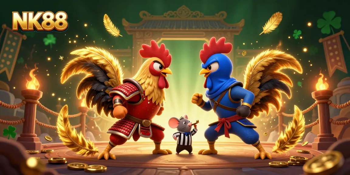 Bet on NK88 as twin fighting roosters clash in a vibrant, dramatic casino showdown.