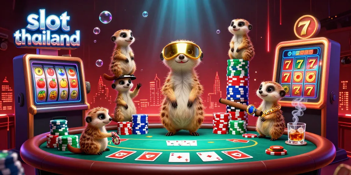 Engage in thrilling slot thailand games while meerkats run a vibrant casino operation featuring jackpot counters and poker chips.