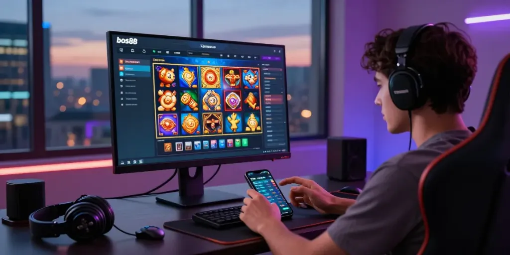 Interactive gaming scene on bos88 platform with live statistics and trendy gaming accessories.