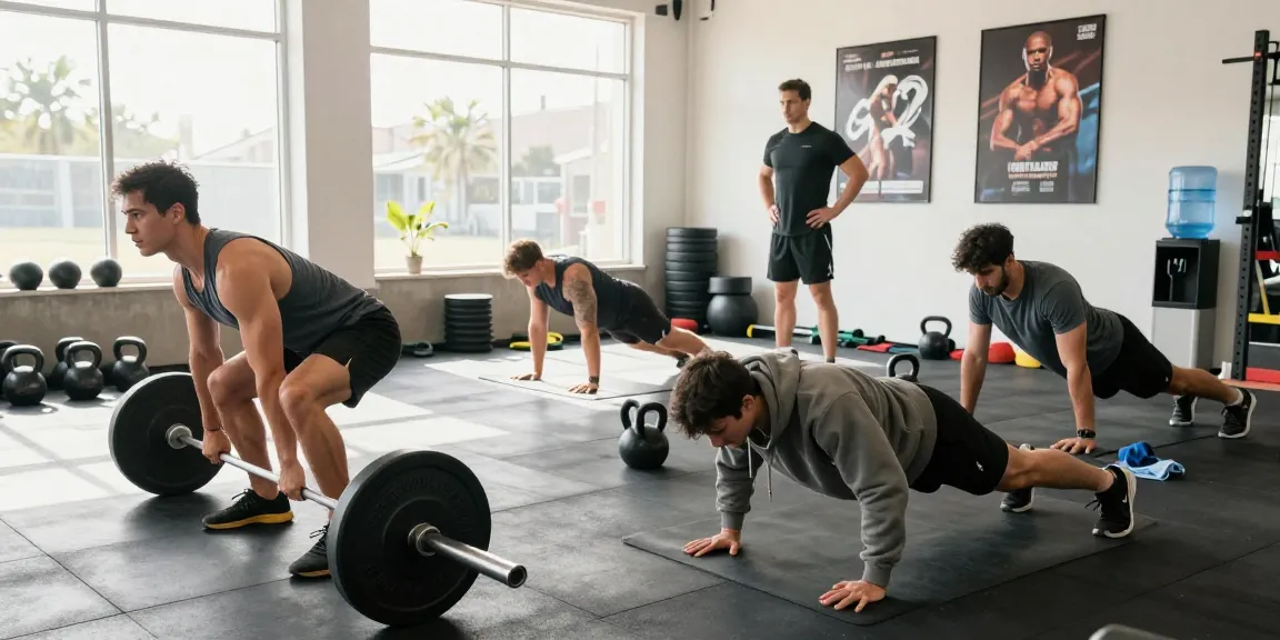 Men's gym wear scene featuring diverse individuals training in a modern gym setting.