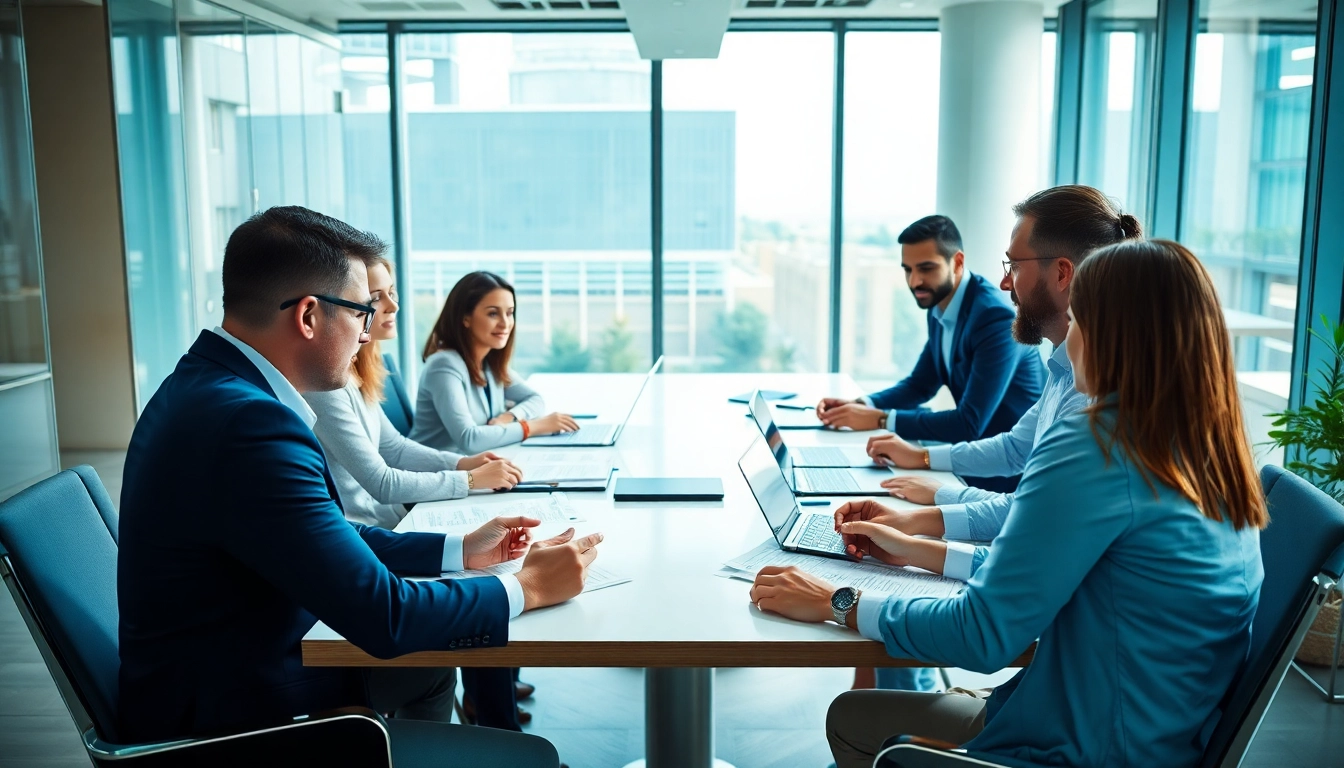 Engaging discussion among merchant cash advance companies in a modern office.