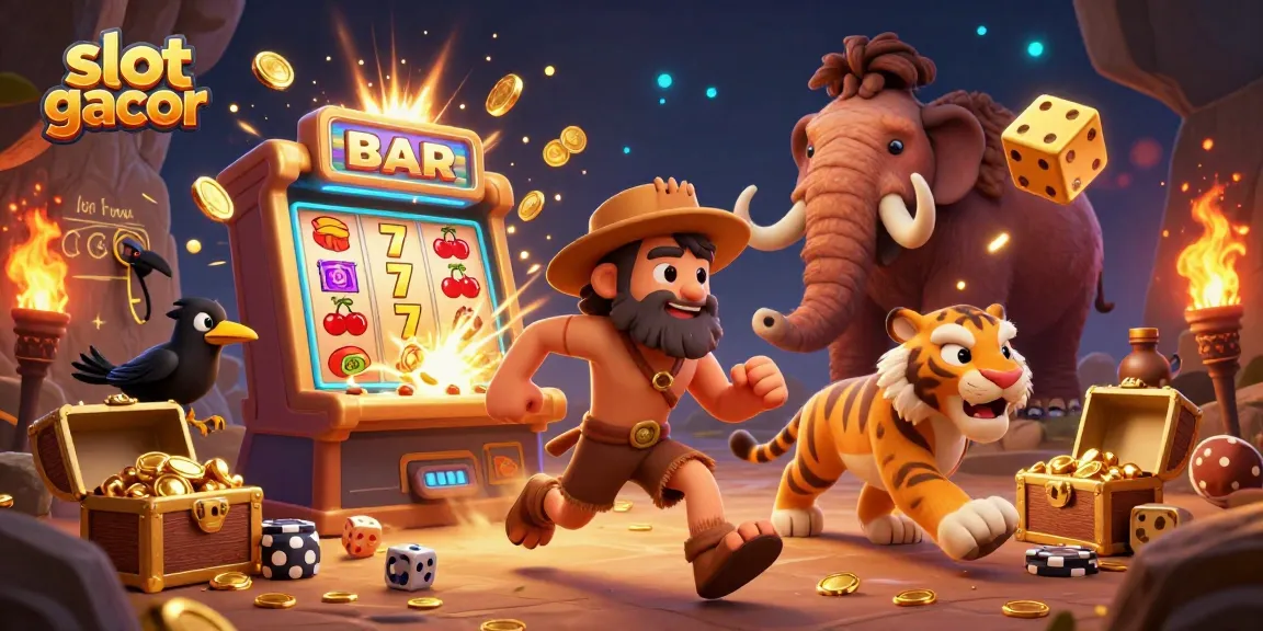 Experience slot gacor excitement as a caveman and sabertooth tiger celebrate with dynamic casino elements.