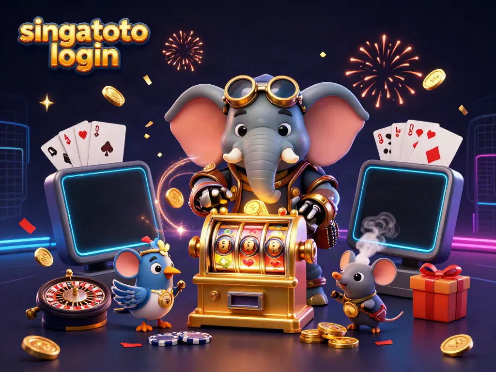 Engage with singatoto login as a steampunk elephant spins the slot machine with exciting elements.