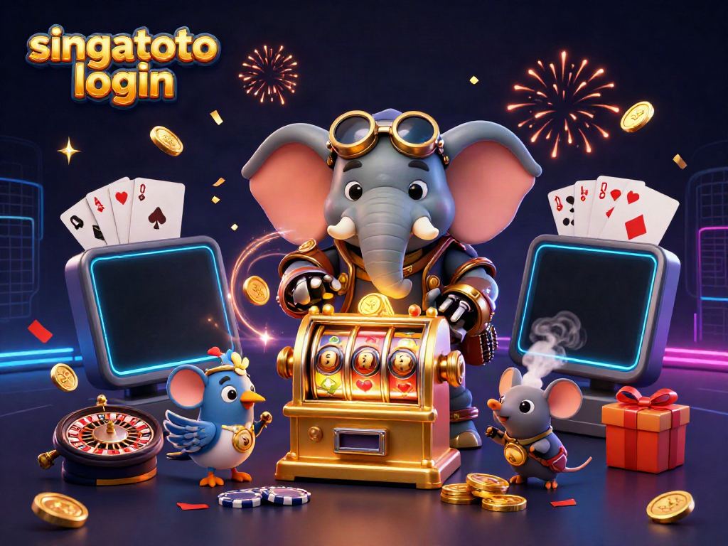 Engage with singatoto login as a steampunk elephant spins the slot machine with exciting elements.