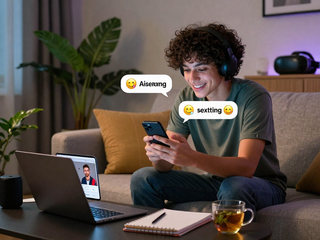 An engaging ai sexting scene showing a person on a smartphone with intimate chat bubbles in a cozy living room setting.