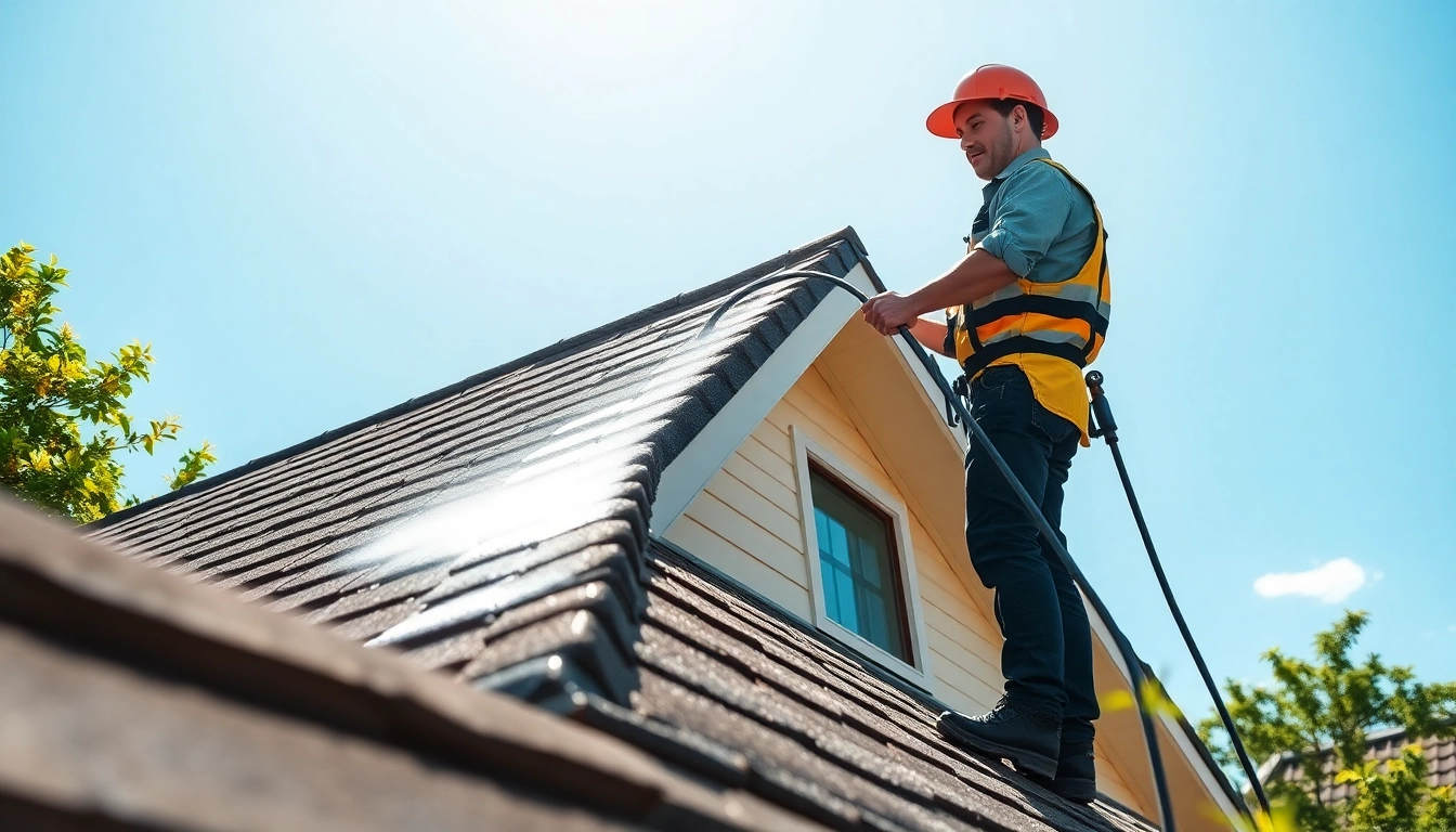 Roof Cleaning professional demonstrating eco-friendly techniques on a residential rooftop.