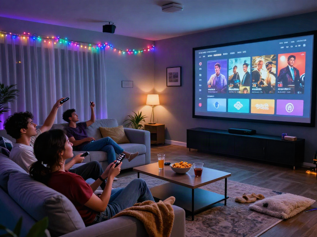Cozy home theater setup with snacks and friends enjoying Moviebox apk.