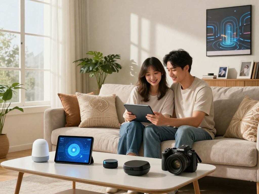 Couple engaging with an AI girlfriend on a tablet in a cozy living room.