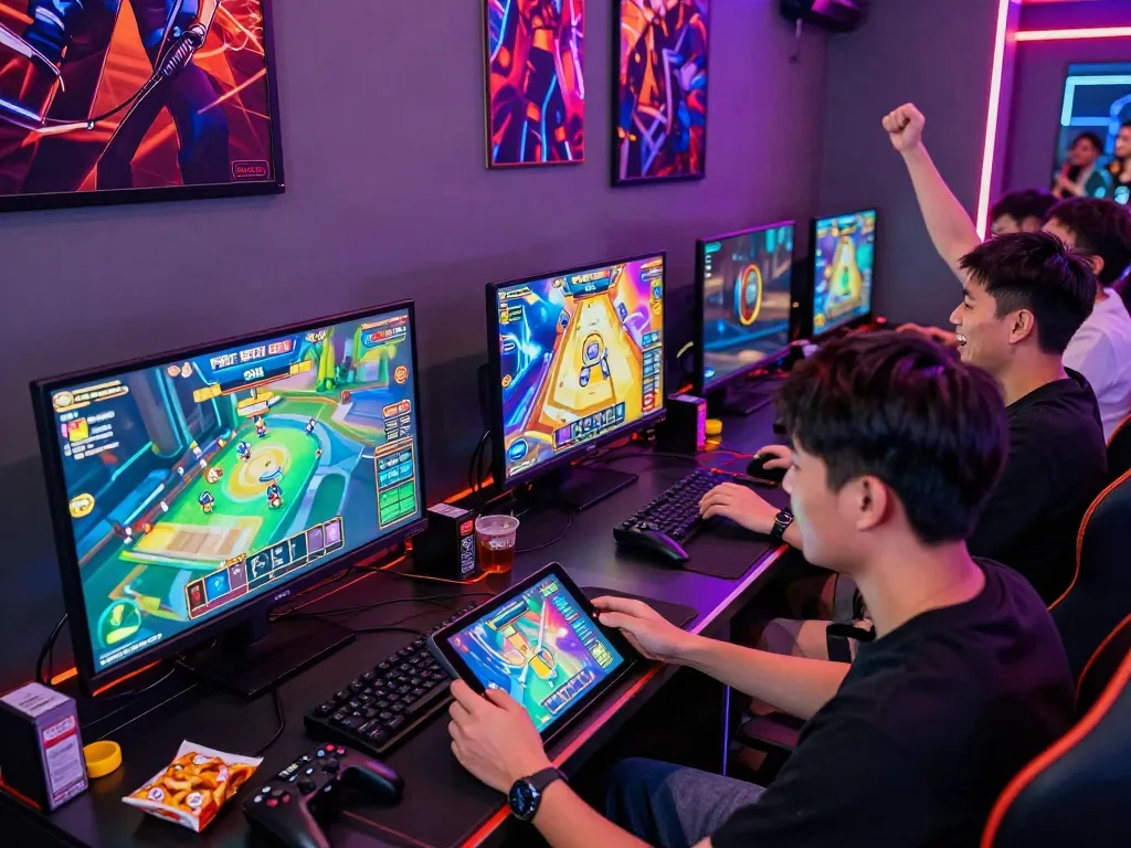 Friends enjoying PG SLOT games in vibrant gaming lounge with colorful graphics.