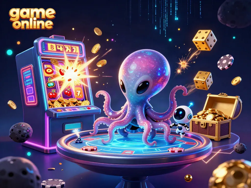 Experience thrilling game online action with a vibrant 3D illustration featuring an alien octopus managing a holographic poker table and a jackpot explosion.