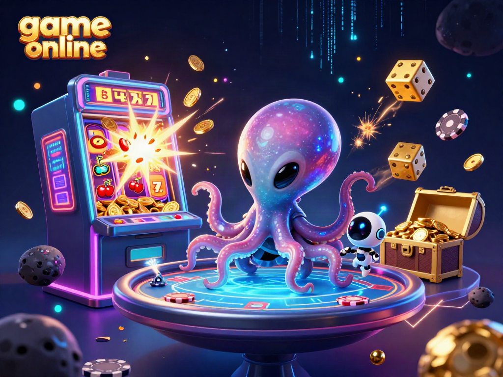 Experience thrilling game online action with a vibrant 3D illustration featuring an alien octopus managing a holographic poker table and a jackpot explosion.