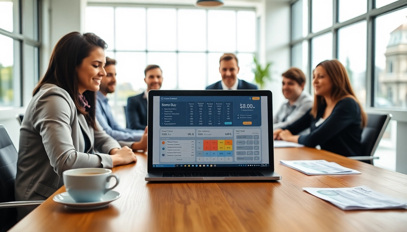 Utilize the stamp duty calculator on a laptop in a modern office setting with a diverse group.