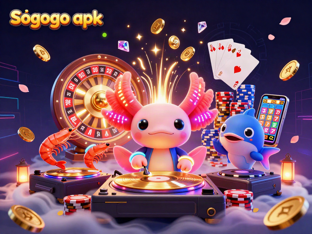 Experience exciting gameplay with Sogogo apk featuring vibrant axolotl DJ and glowing casino elements.